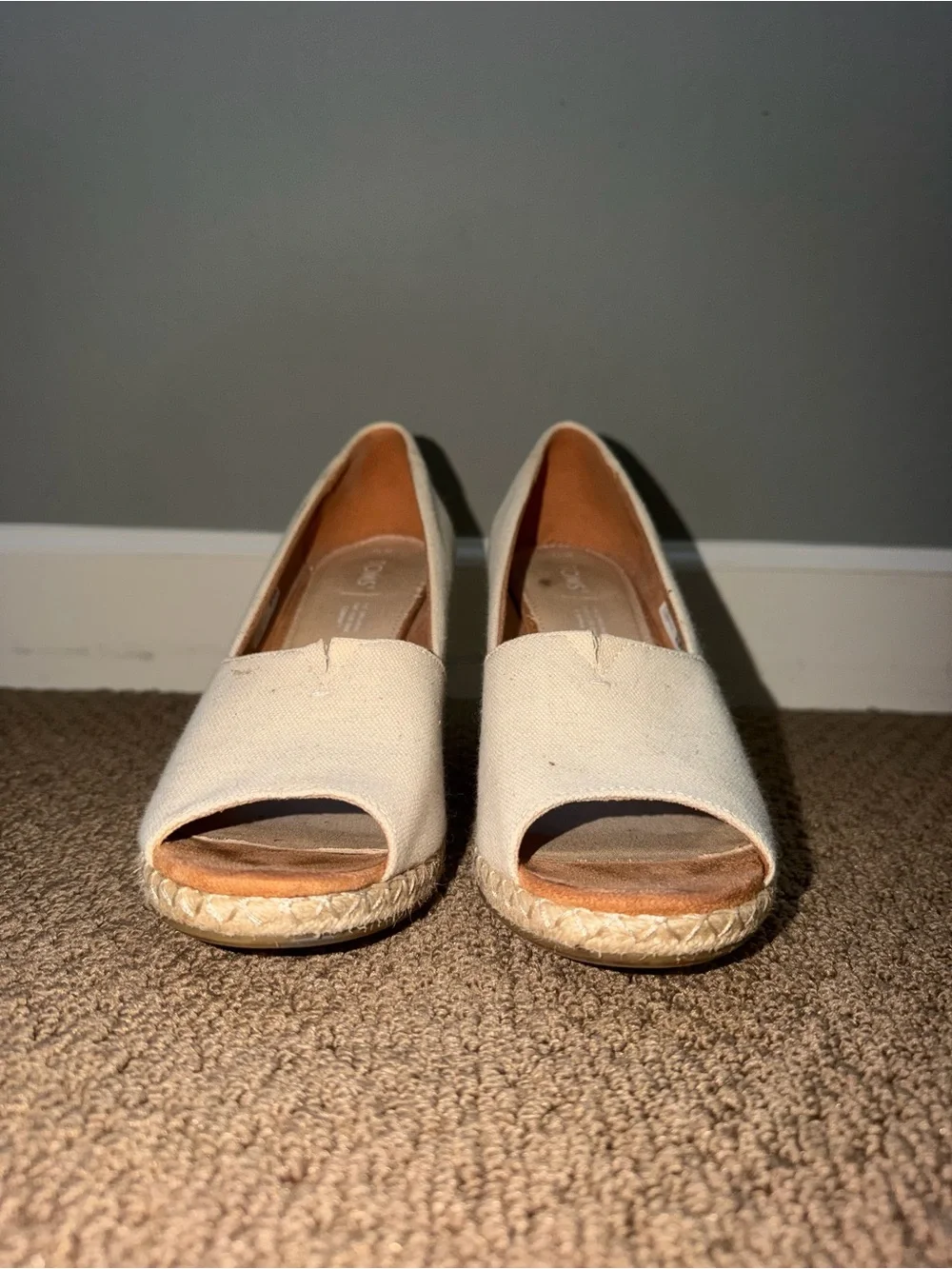 Toms Cream Canvas Espadrille Peep-Toe Wedge